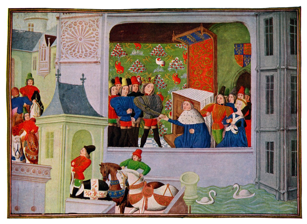 Rozhovor Richarda II. a vévody z Gloucesteru, 14. století 15. století. od Master of the Harley Froissart