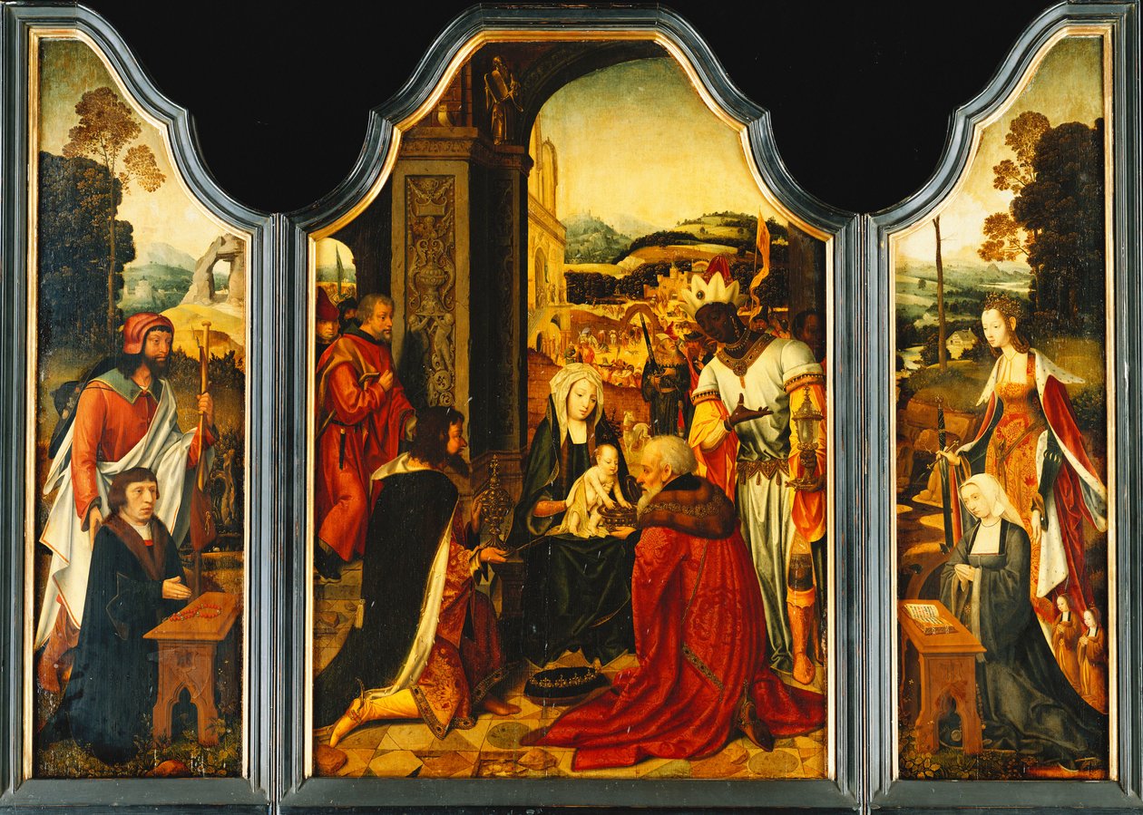 Triptych: Klanění tří králů, sv. Jakub představuje dárce a sv. Kateřina Alexandrijská představuje dárcovu manželku a dvě dcery od Master of the Holy Blood