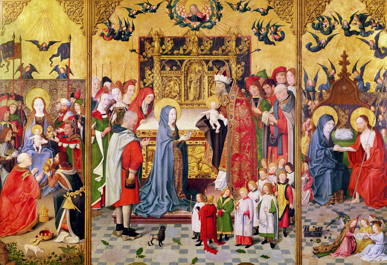 Oltářní obraz Sedmi radostí Panny, zobrazující Klanění tří králů, Uvedení v chrámu a Kristus zjevující se Marii, kolem roku 1480 od Master of the Holy Family