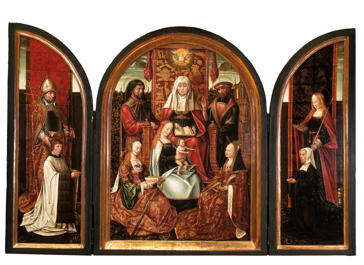 Kanovník se sv. Livínem (levé křídlo), Rodina sv. Anny (střední panel), Donátor se sv. Alžbětou (pravé křídlo), Zvěstování (zavřeno) cca 1500-10 (olej na panelu) od Master of the Holy Family of St. Anne