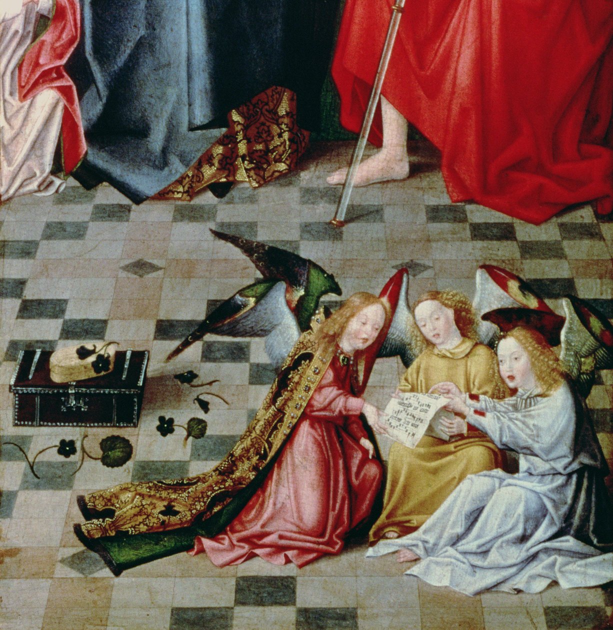 Oltářní obraz Sedm radostí Panny Marie: detail tří zpívajících andělů, cca 1480 (panel) (detail 5896) od Master of the Holy Parent
