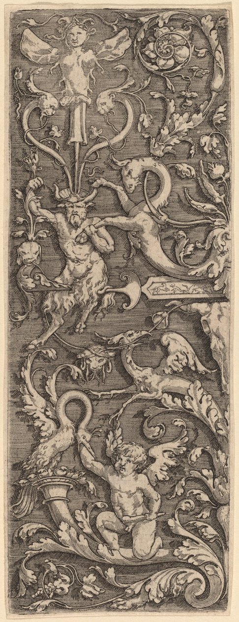 Ornament s Cupidem, satyrem a groteskními postavami od Master of the Horse Heads
