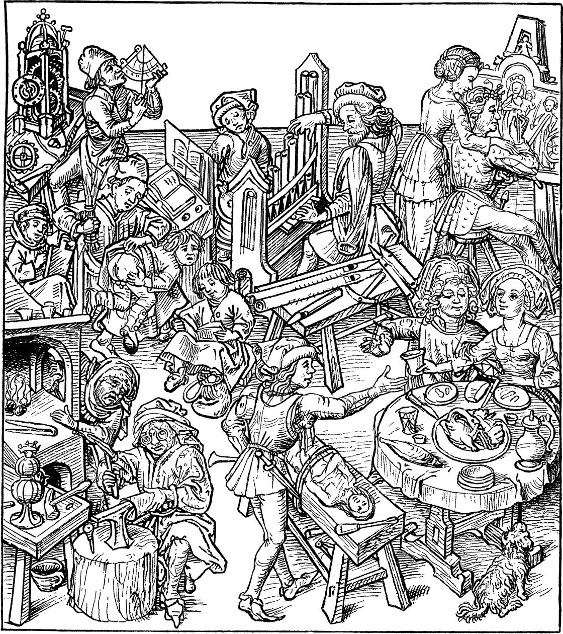 Merkur a jeho děti. Ilustrace z Housebooku, 80. léta 14. století od Master of the Housebook