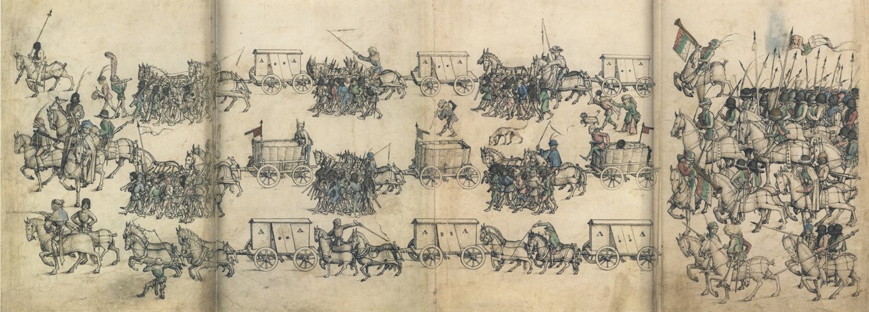 Armádní vlak Ze středověké domovní knihy hradu Wolfegg, cca 1485 od Master of the Housebook of Wolfegg