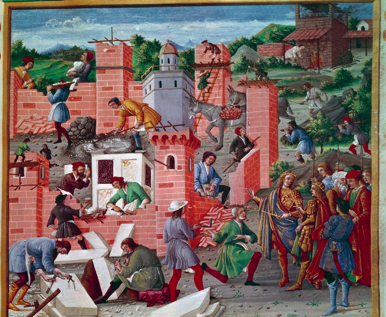 Stavba města Říma. Dvojčata Romulus a Remus navštíví místo (kontrola práce a práce předem). Dělníci jsou aktivní v úkolu: Macons, Stone Tailors, nosiči, mramor a cement (příprava cementu) v práci. Miniatura v „“ Romuleonu. od Master of the Innocent III missal