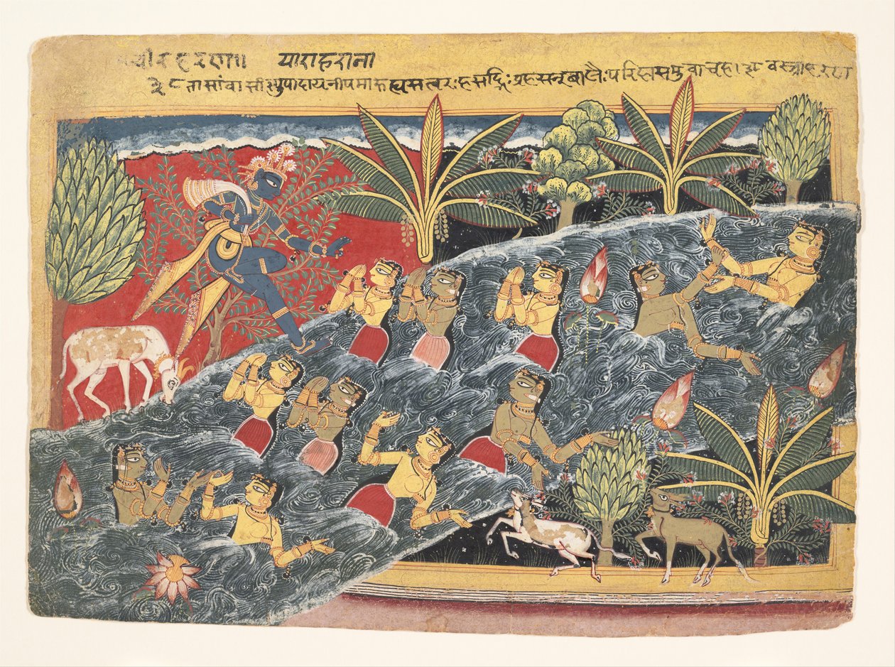 Gópí prosí Krišnu, aby vrátil své oblečení: Folio od Isarda Bhagavaty..., ca. 1560-65 od Master of the Isarda