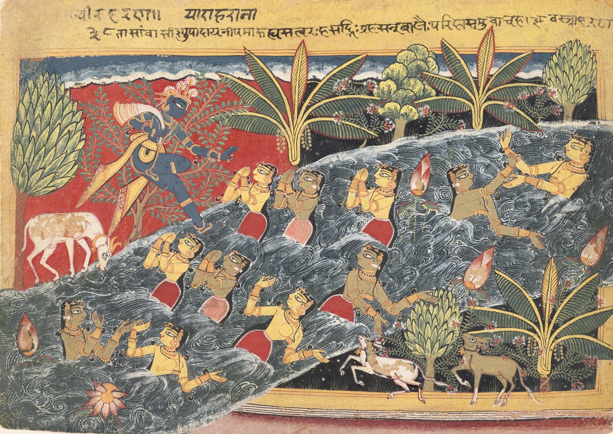 Gopisy prosí Krišnu, aby jim vrátil oděv..., ca. 1560-65. od Master of the Isarda