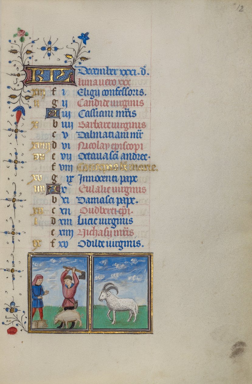Kalendář na prosinec; porážka prasete; Kozoroh od Master of the Lee Hours