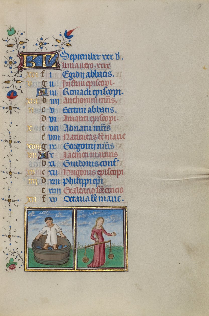 Stránka kalendáře na září; Výroba vína; Váhy od Master of the Lee Hours