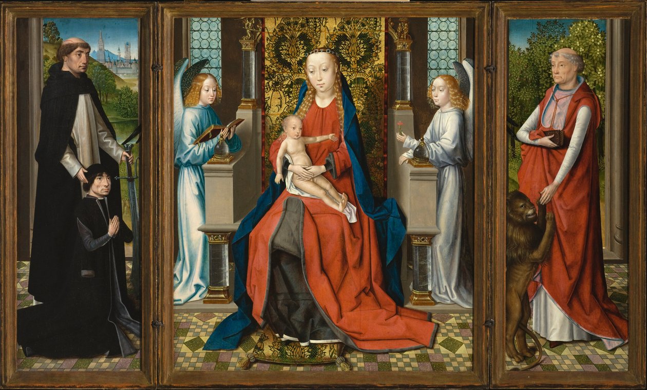 Triptych Madona s dítětem a anděly, dárce a jeho patron svatý Petr mučedník a svatý Jeroným od Master of the Legend of Saint Lucy