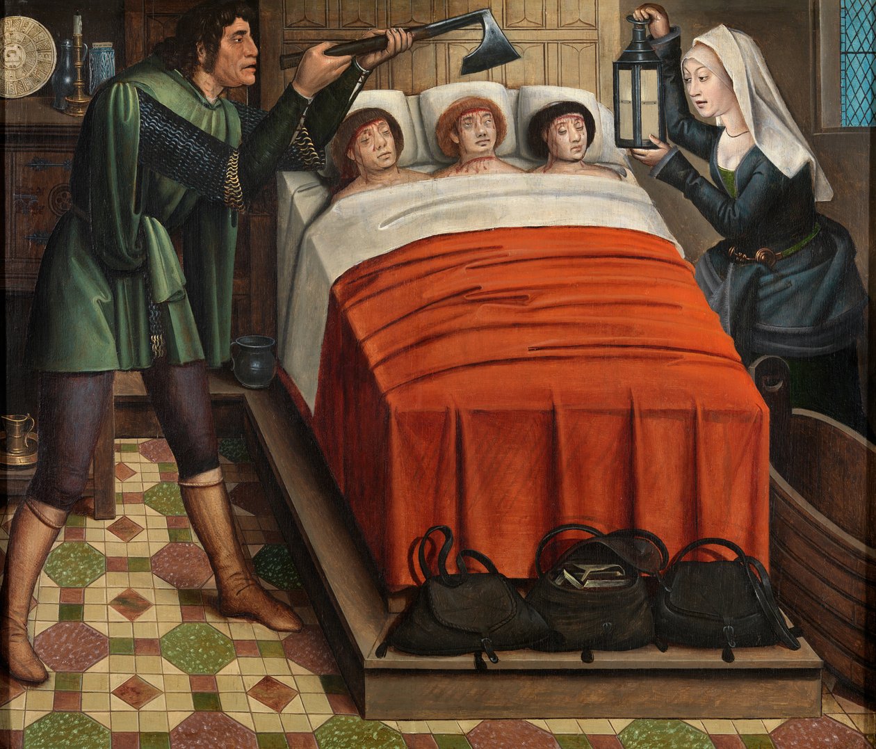 Zlý řezník, z oltářního obrazu sv. Mikuláše, kolem 1486-93 (olej na desce) od Master of The Legend of St. Lucy