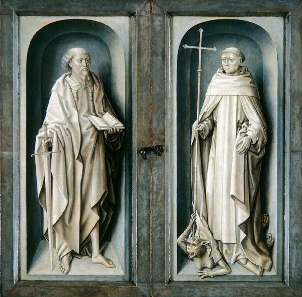 Svatý Pavel a svatý Benedikt, uzavřené panely Triptychu Zvěstování, kolem 1483 (olej na panelu) od Master of the Legend of St. Ursula