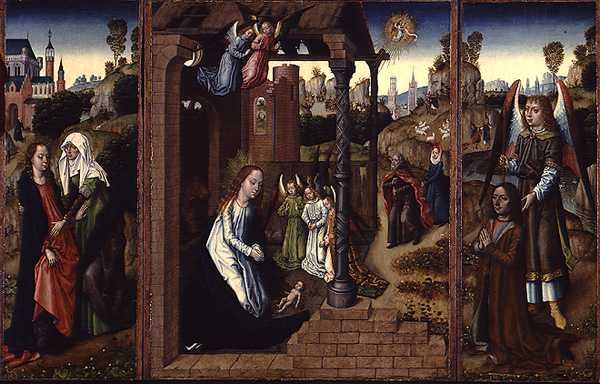Narození Páně s Navštívením a Archanděl představuje dárce od Master of the Legend of St. Ursula