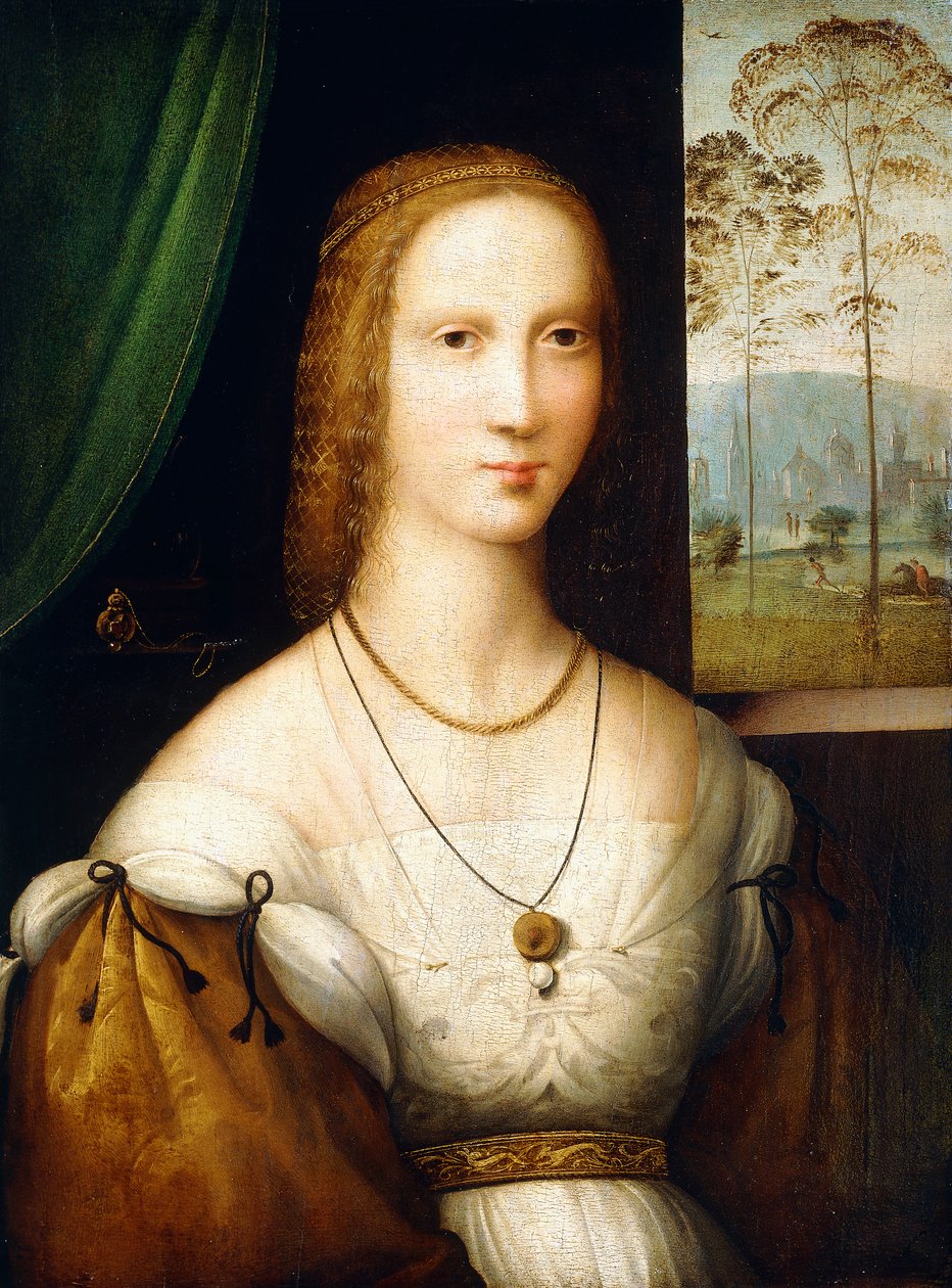 Portrét polodlouhé dámy v bílých šatech se zlatými rukávy od Master of the Leonardesque Female Portraits