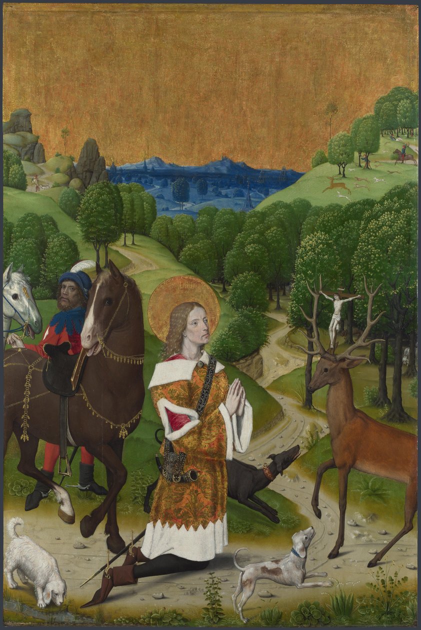 Obrácení svatého Huberta. Závěrka z Werdenského oltáře, cca 1485 od Master of the Life of the Virgin