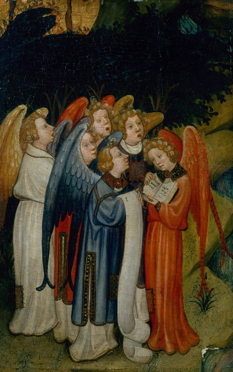 Sbor andělů, fragment, pravděpodobně Narození Páně (olej na zlaté desce) od Master of the Lindau Lamentation