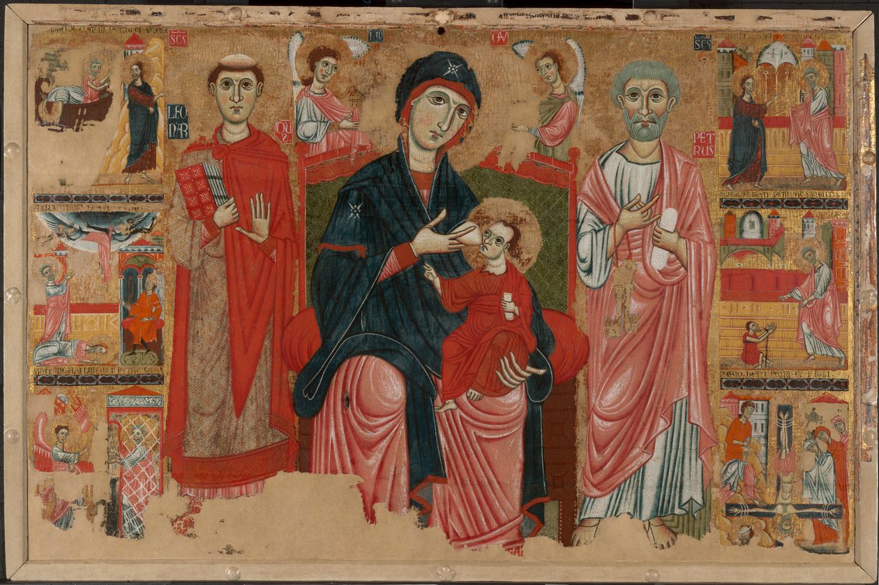 Panna a dítě na trůnu se svatými Leonardem a Petrem a výjevy ze života svatého Petra od Master of the Magdalen