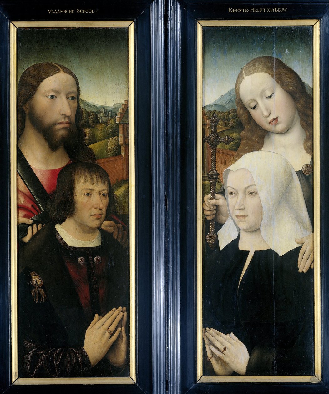 Dvě křídla triptychu s dárcem Thomasem Isaacqem v doprovodu Saint Thomas (vlevo, vnější křídlo) a Dárcovy ženy v doprovodu svaté Markéty (vpravo, vnější křídlo) od Master of the Magdalen Legend