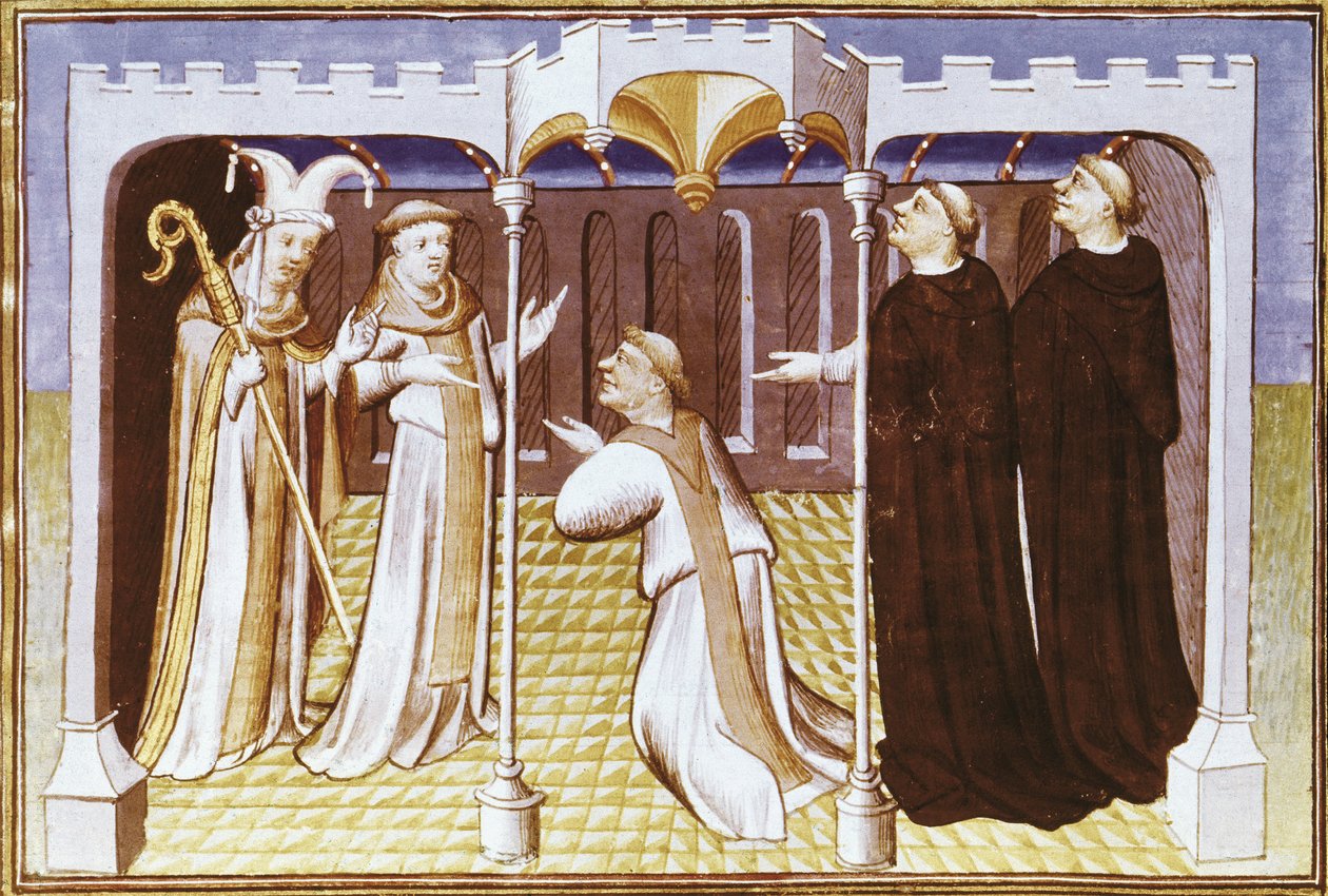 Bratr Ricoldo da Monte di Croce před nestoriány - RICOLDO DA MONTE DI CROCE (1242-1320). Italský dominikánský mnich, velký znalec islámu. Bratr Ricoldo da Monte di Croce před nestoriány. Dílo mistra Mazarina od Master of the Mazarine