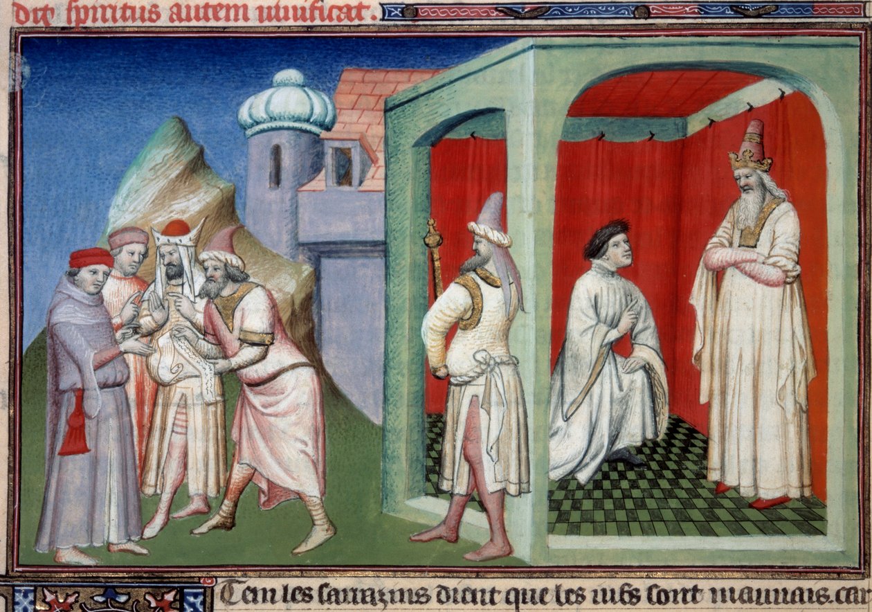 Jan z Mandevillu a sultán. Kontroverze mezi křesťany a muslimy reprezentovaná Jeanem de Mandeville, průzkumníkem z Lutychu (1300-1372) a sultánem Saracénů. Miniatura v „Knize divů světa““ Paní 2810 Folio 175v. Rukopis od Master of the Mazarine