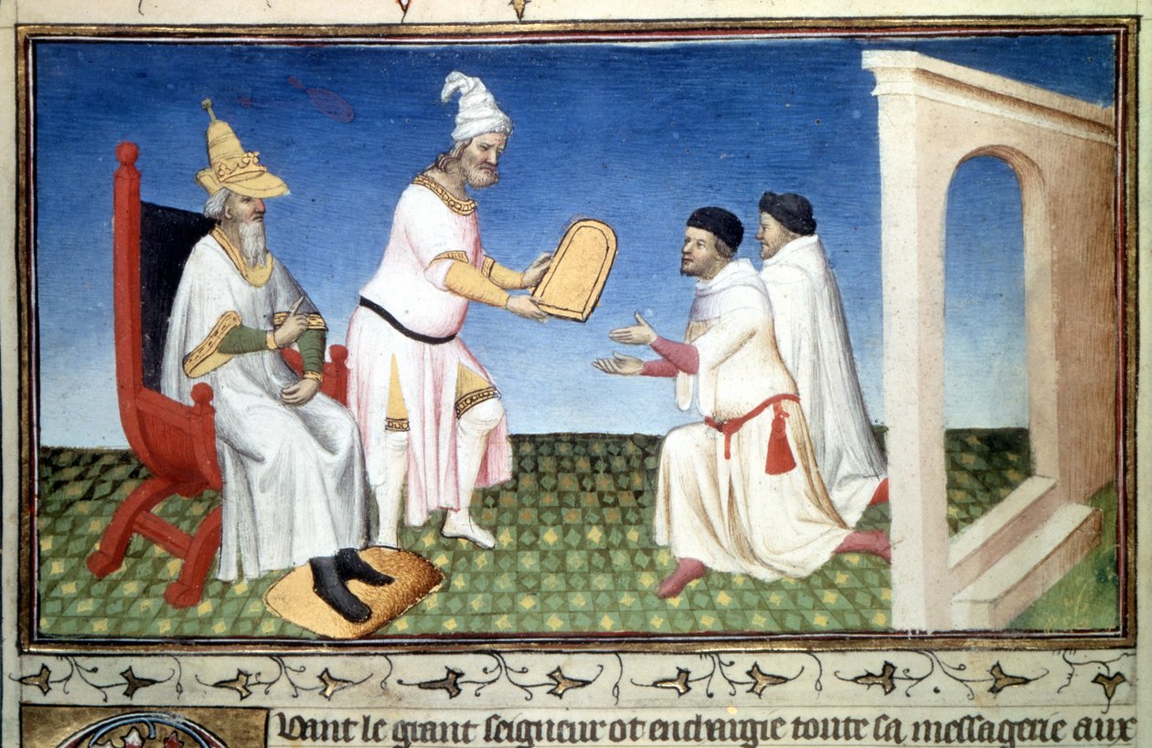 Marco a Mattia Polo přijímající dary od Kubilaye Khana, - miniatura převzatá z „Knihy divů““ („“Devisement of the World““, „“Il Milione“) od Marca Pola (1254-1324) (paní 2810 , Folio 3v) osvícené Mistrem z Mazarine, cca 1410-1412 od Master of the Mazarine