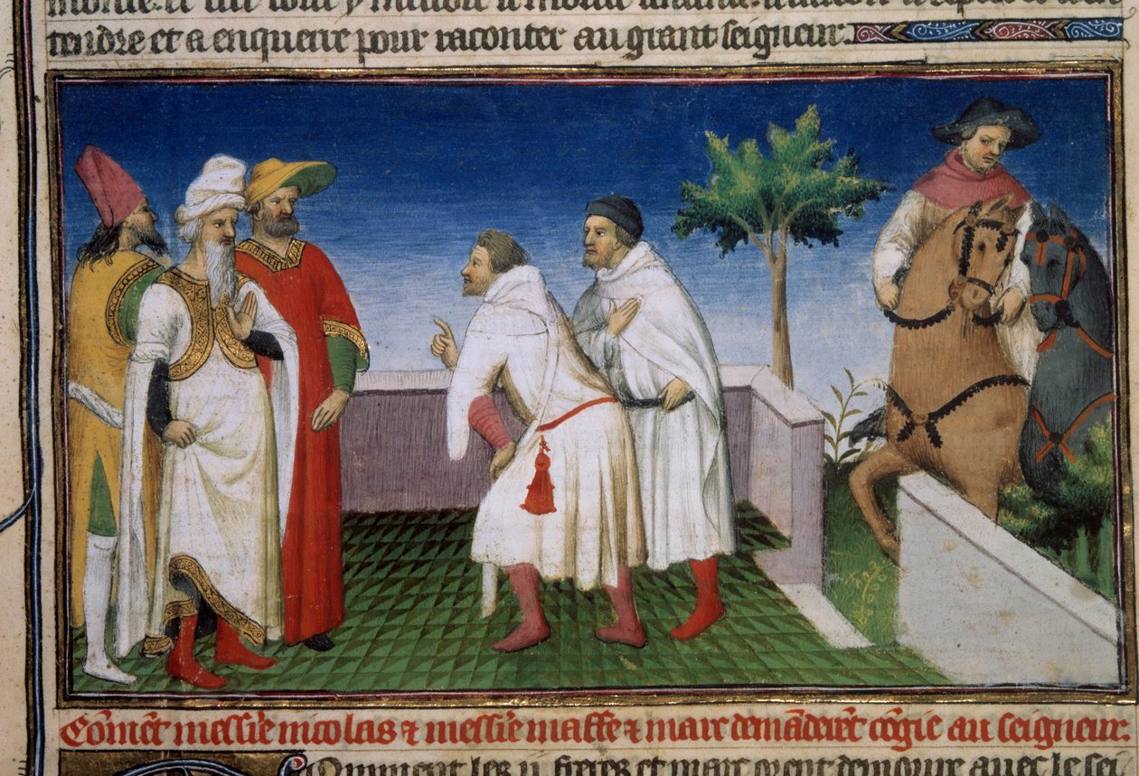 Matteo a Niccolo, bratři Polo, žádají o conge od Qubilai (Kubilai Khan, první císař mongolské dynastie Yuan (1215-1294) Miniatura převzatá z „“Knihy divů“““ („“Deviace světa““ , “” Il Milione””) paní 2820 folio 6. Enlu od Master of the Mazarine