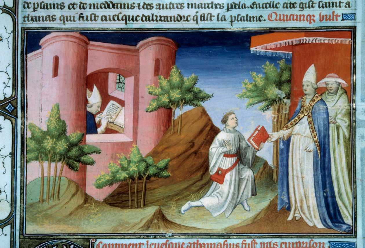 Papež Julius I. (280-337) se setkal s poslem Athanasia Alexandrijského v době sardského koncilu. Posel přišel bránit pozici patriarchy v exilu v Alexandrii Miniatura v rukopisu „Kniha divů světa“ enlumin od Master of the Mazarine