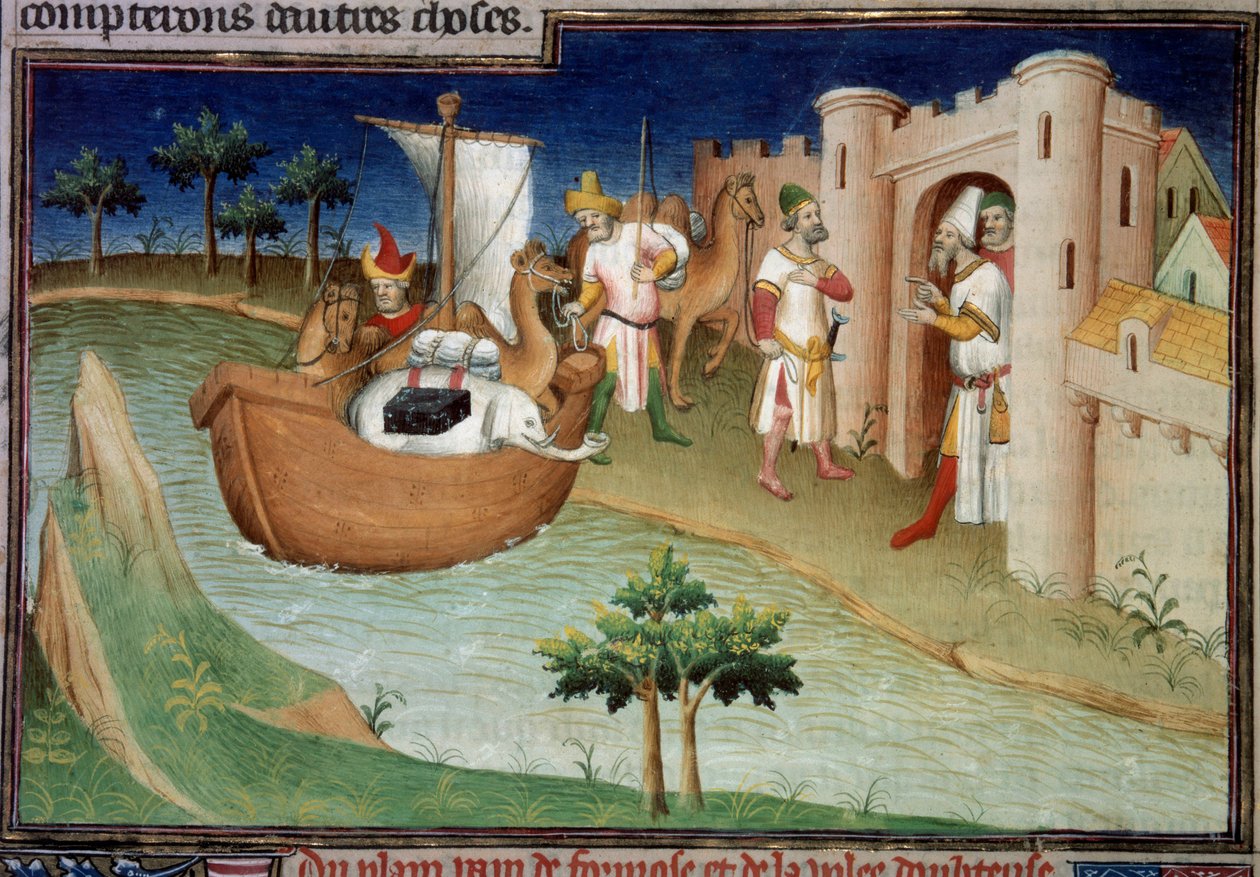 Bratři Polo (včetně Marca Pola) připlouvají do Ormuzu z Indie na nákladní lodi. Miniatura v „“ The Book of Wonders““ („“ Devisement du monde“, „“ Il Milione“) (Ms. 2810, Folio 14v). Rukopis vložený mistrem z Mazarine od Master of the Mazarine