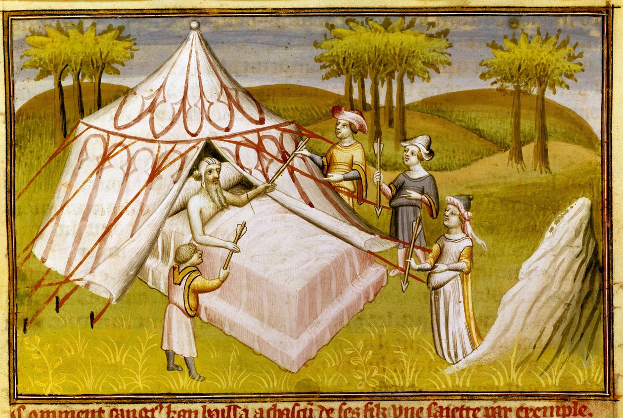 Mongolský vůdce Čingischán na smrtelné posteli dává svá poslední doporučení svým synům, kolem roku 1410 (miniatura) od Master of the Mazarine