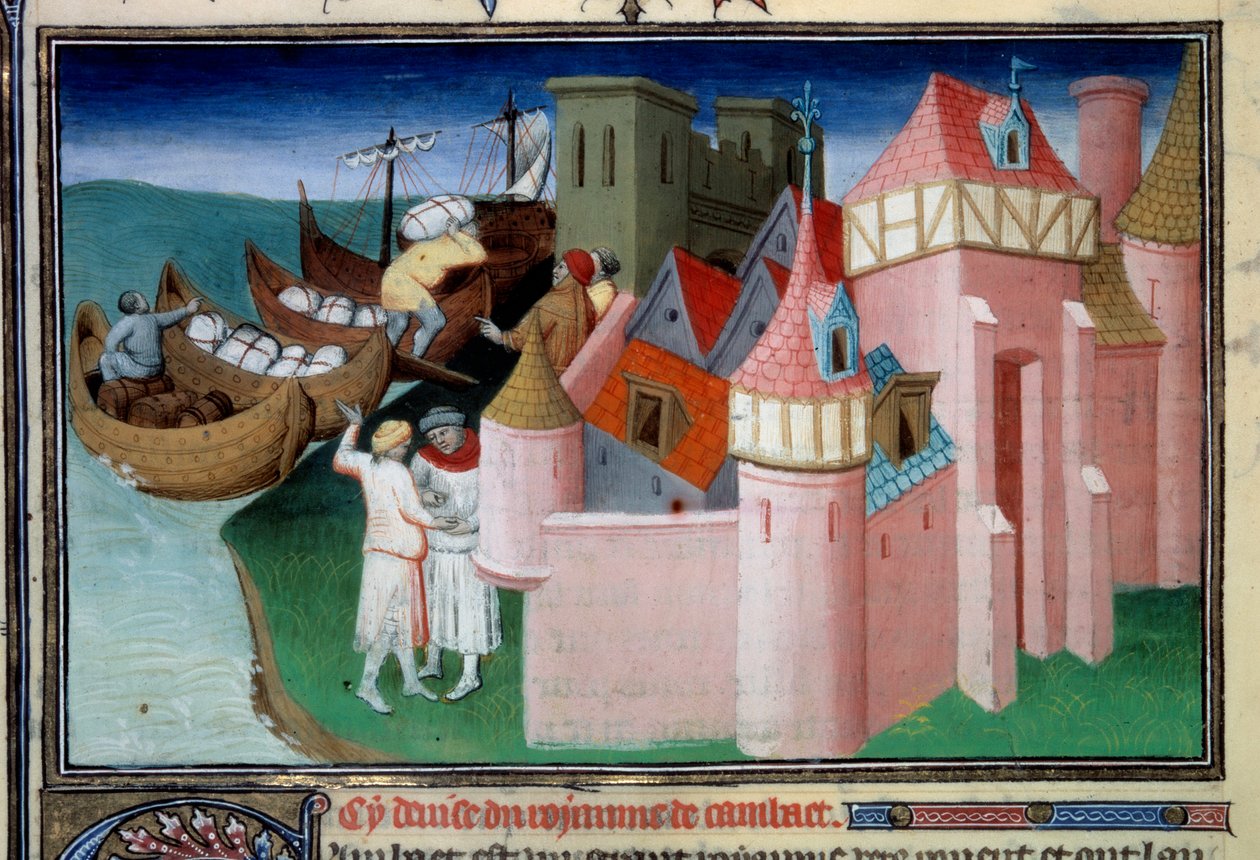 Vykládání míčků ve městě Khambhat, Indie. Miniatura v „“ The Book of Wonders““ („“ Devisement du monde“, „“ Il Milione“) Ms2810, Folio 86v. Rukopis vložil mistr z Mazarine a napsal Marco Polo (1254-1324), ca. 1410-1412. BN, odst od Master of the Mazarine