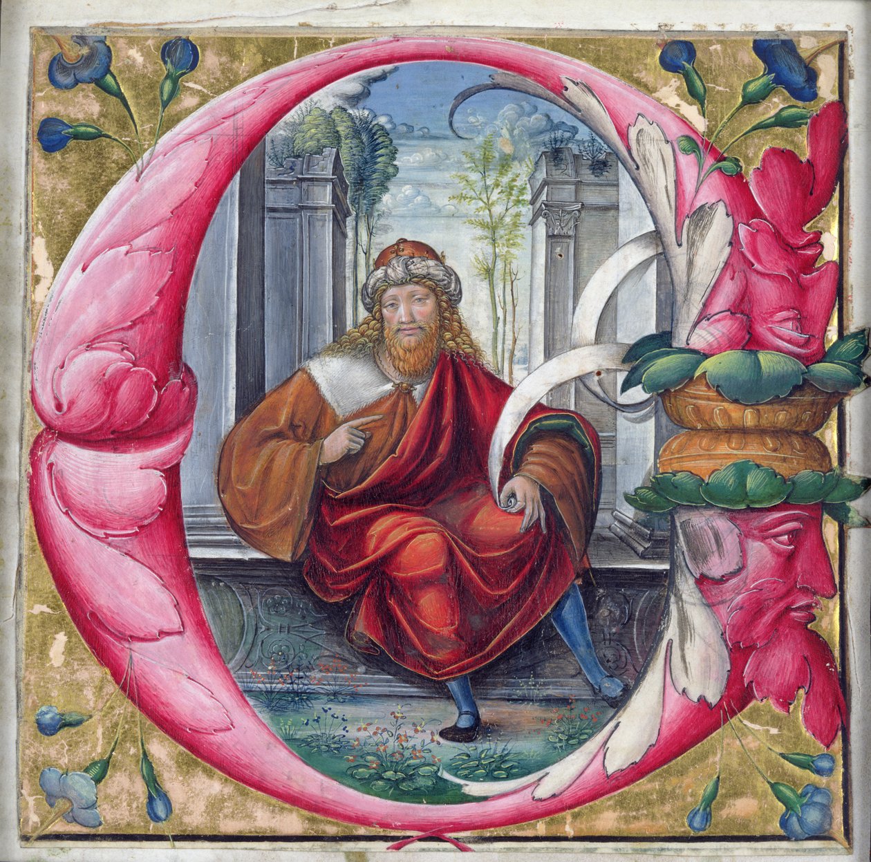 Historická iniciála C nebo O zobrazující krále Davida od Master of the Monogram B.F