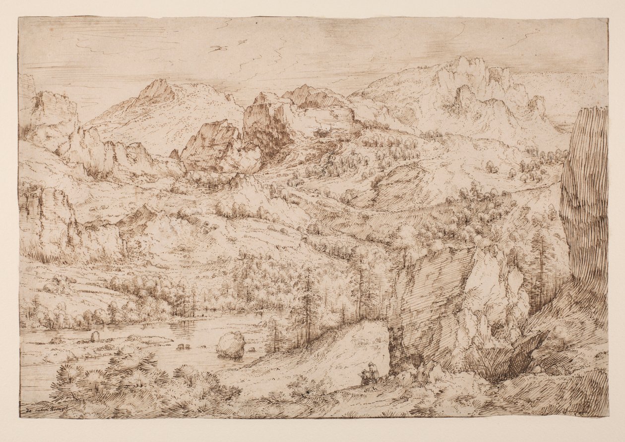 Krajina s umělcem, který kreslí, cca 1606-08 (pero, inkoust a černá křída na papíře) od Master of the Mountain Landscapes