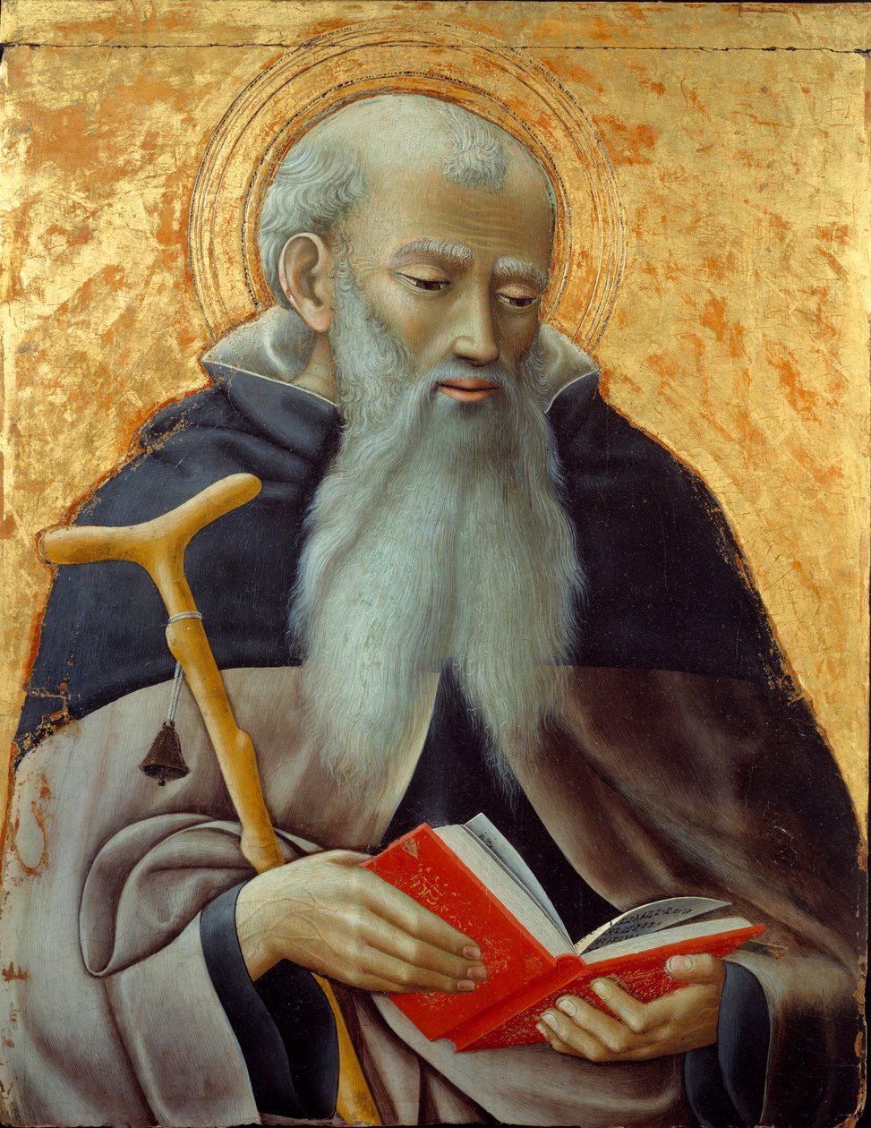 Svatý Antonín, Abbe Zastoupení svatého Antonína Velikého (250/251-356) (nebo svatého Antonína poustevníka). Malba na dřevě Mistra Observance (činný kolem 1425-1450) Sun. 0,73x0,59 m od Master of the Osservanza