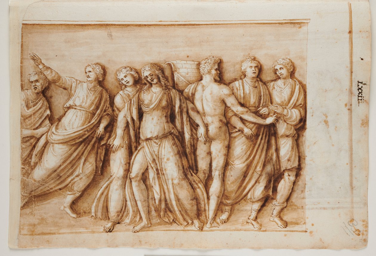 Folio 61, recto: The Return of Meleager from a Roman Sarcophagus, Rome, Palazzo Barberini, c.1512-17 (per and brown inkoust with brown wash) od Master of the Oxford Album
