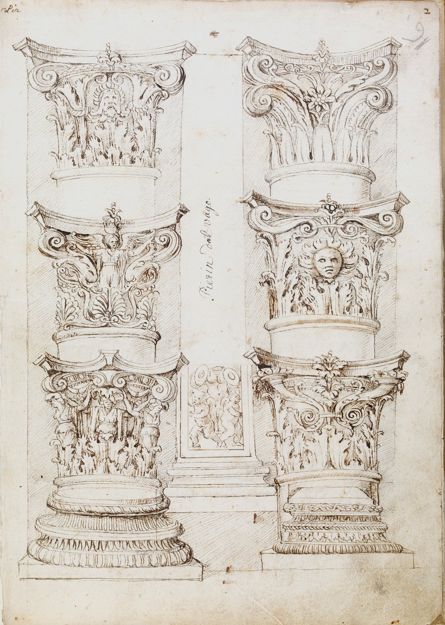 Šest hlavic, lizéna a dvě sloupové patky, c1512-1517 od Master of the Oxford Album