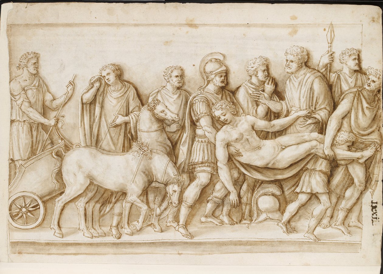 Verso: The Return of Meleager, z římského sarkofágu, Palazzo Barberini, Řím, kolem 1512-17 (pero a hnědý inkoust s hnědým praním) od Master of the Oxford Album