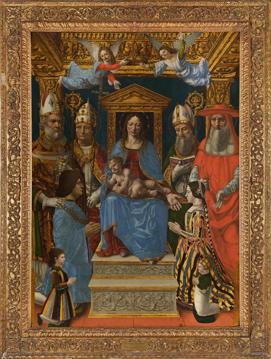Madonna na trůnu s dítětem, doktoři církve a rodina Ludovica Mora od Master of the Pala Sforzesca