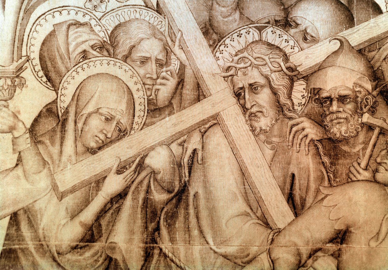 Parement Narbonne: Kristus nesoucí svůj kříž (grisaille na hedvábí od Master of the Parement of Narbonne