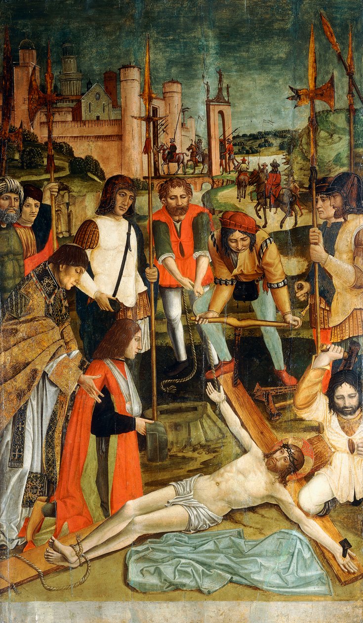 Kristus přibitý na kříž s dárcem s paží v praku v podání kněze od Master of the Pavia Deposition