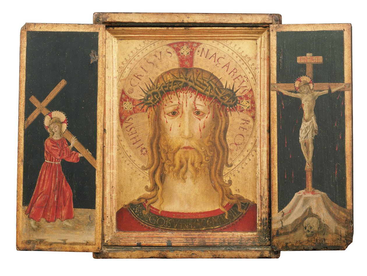 Triptych: Kristus Vykupitel lemovaný Kristem nesoucím kříž a Ukřižování (zlatý základní panel v integrovaném rámu) od Master of the Pietà di San Costanzo
