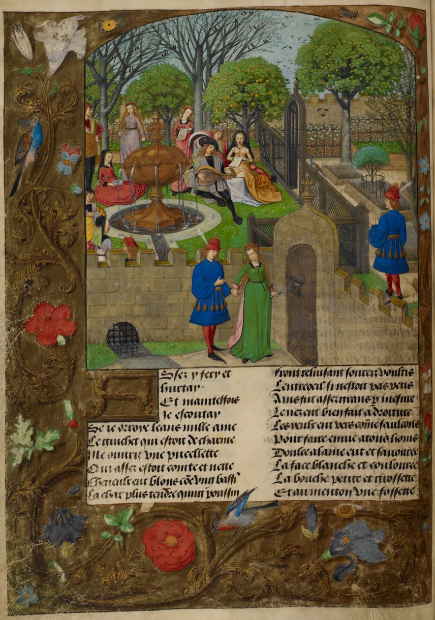 Harley_4425_f12v Loutnista a zpěváci v obezděné zahradě. Milenec a dáma Oyseuse (Nečinnost) mimo zahradní zdi, ilustrace z „Roman de la Rose“, od Guillaume de Lorris od Master of the Prayer Books