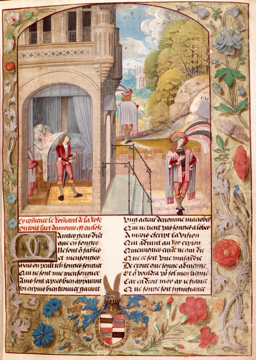 Harley 4425, fol. 7 Milenec spí, vstává a jde do zahrady lásky, z románu „Roman de la Rose“ od Guillaume de Lorris a Jean de Meung, kolem 1490-1500 (vellum) od Master of the Prayer Books
