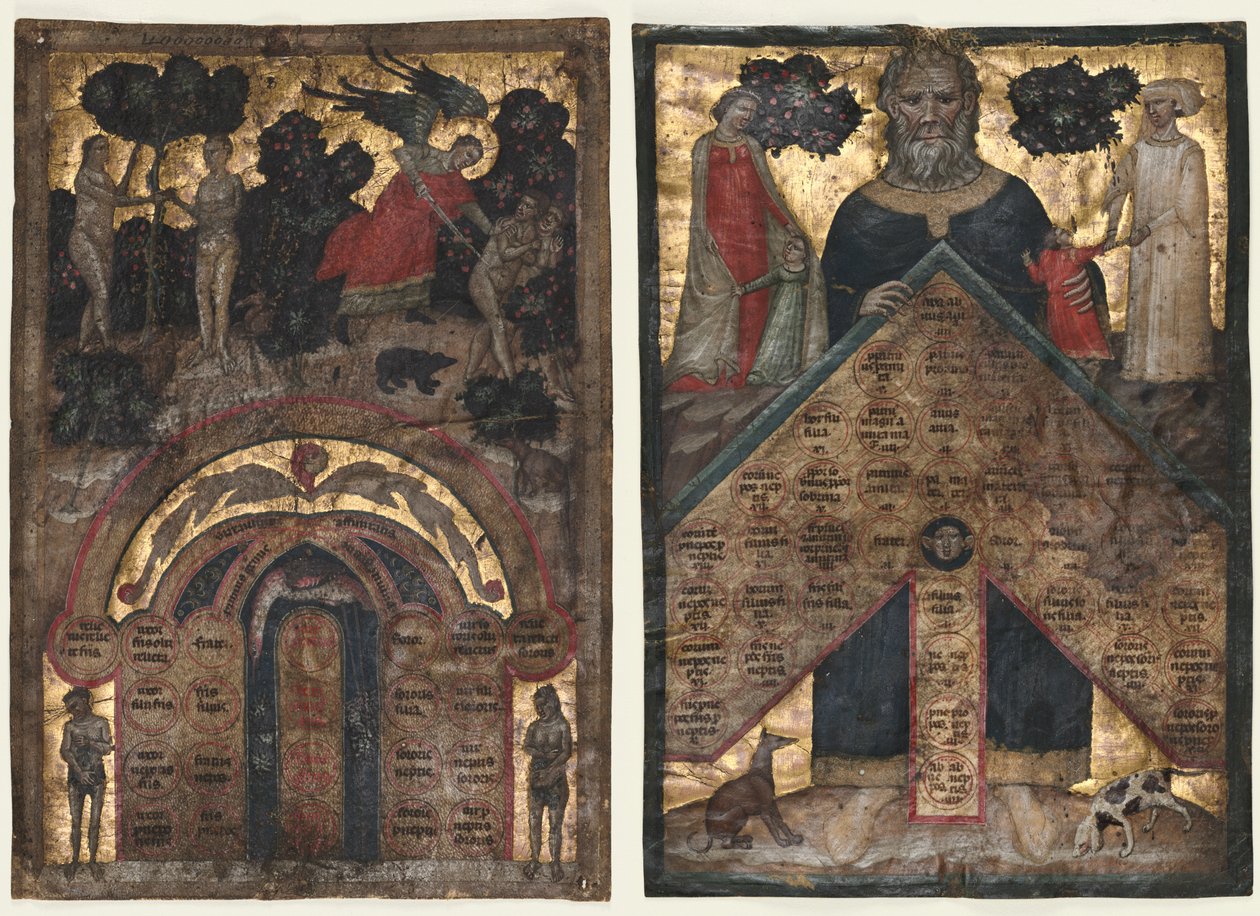 Listy ze svazku knihy Johannes Andrea „Přednáška o stromu příbuzenství a afinity: Tabulka příbuzenství a Tabulka příbuzenství od Master of the Register of 1328