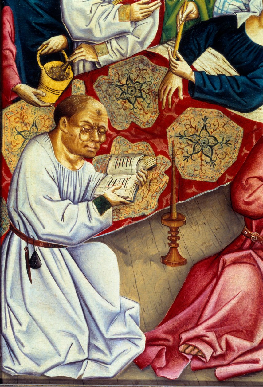 Smrt Panny Detail představující mnicha čtecího s brýlemi. Obraz Mistra Horního Rýna (15. století) od Master of the Rhine