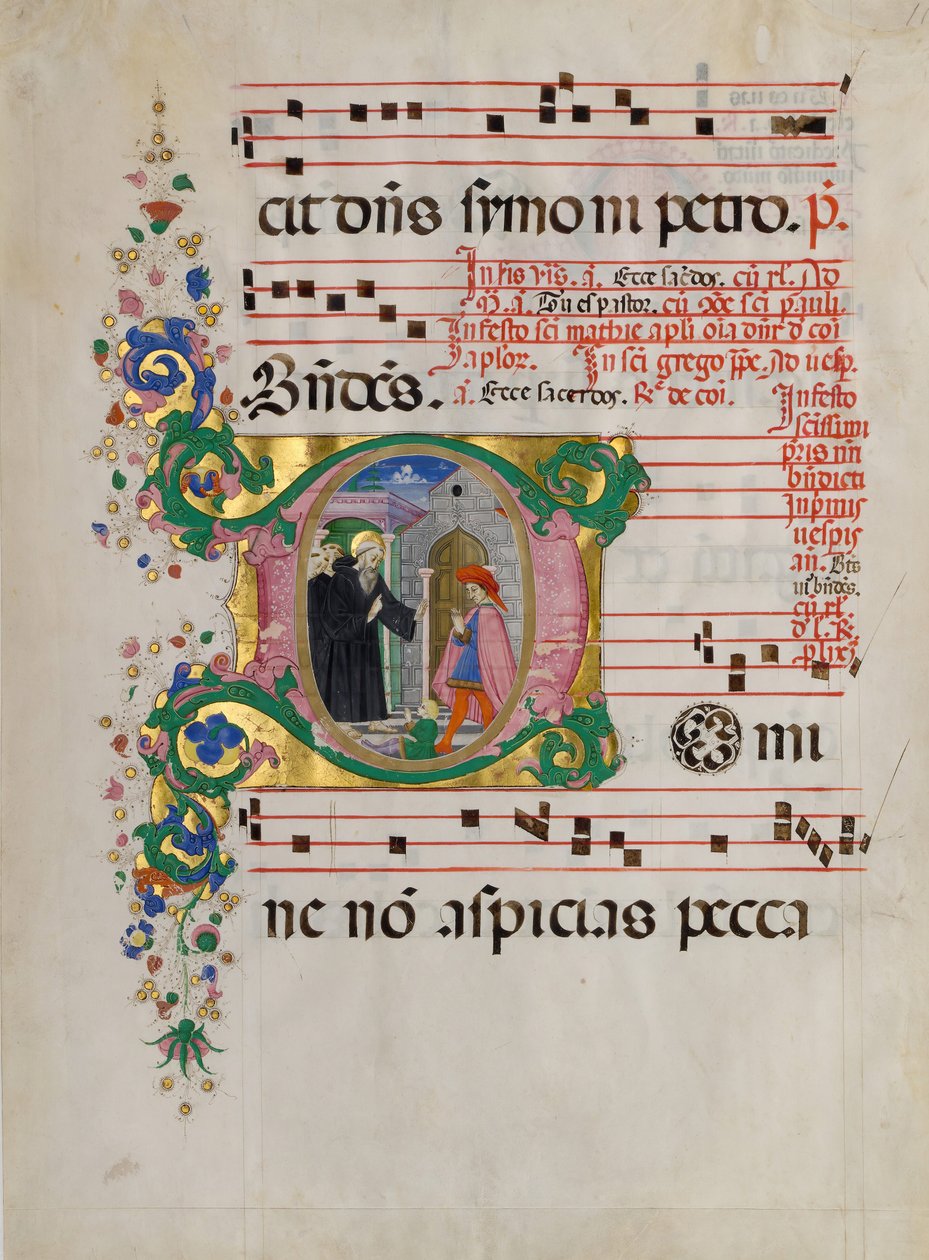 Rukopisný list se svatým Benediktem resuscitujícím chlapce v iniciále D, z antifonáře. od Master of the Riccardiana Lactantius