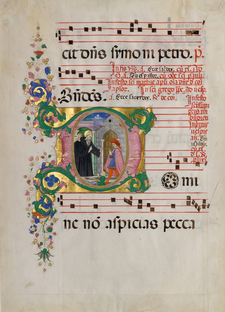 Rukopisný list se svatým Benediktem resuscitujícím chlapce v iniciále D..., druhá polovina 15. století od Master of the Riccardiana Lactantius