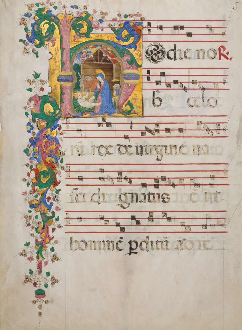 Rukopisný list s Narozením v iniciále H, z antifonáře, italština, druhá polovina 15. od Master of the Riccardiana Lactantius