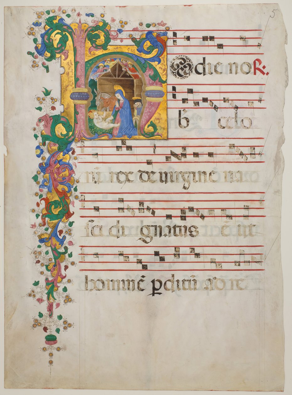 Rukopisný list s Narozením v iniciále H, z antifonáře, druhá polovina 15. století. od Master of the Riccardiana Lactantius