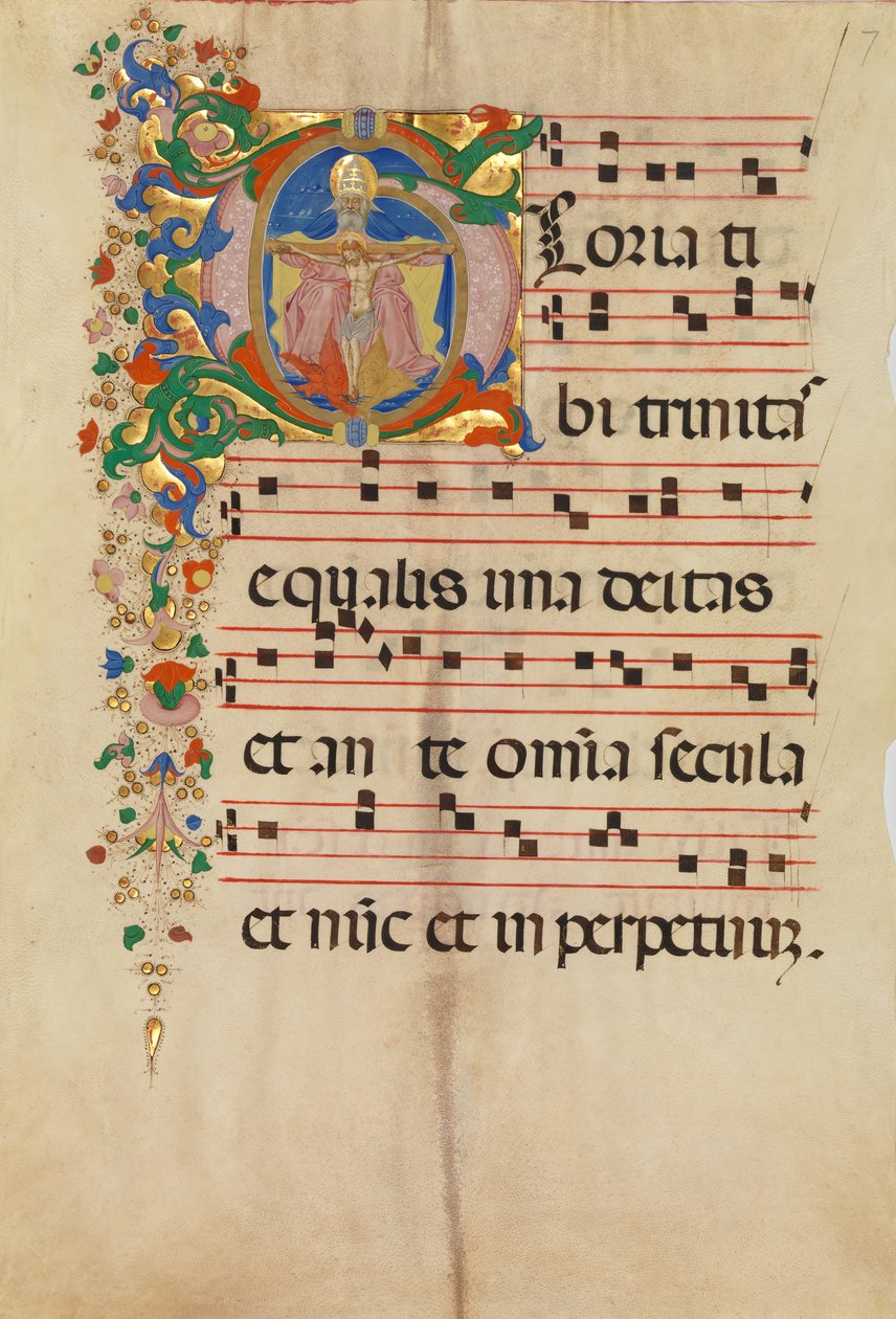 Rukopisný list s Trojicí v iniciále G, z antifonáře, druhá polovina 15. století. od Master of the Riccardiana Lactantius