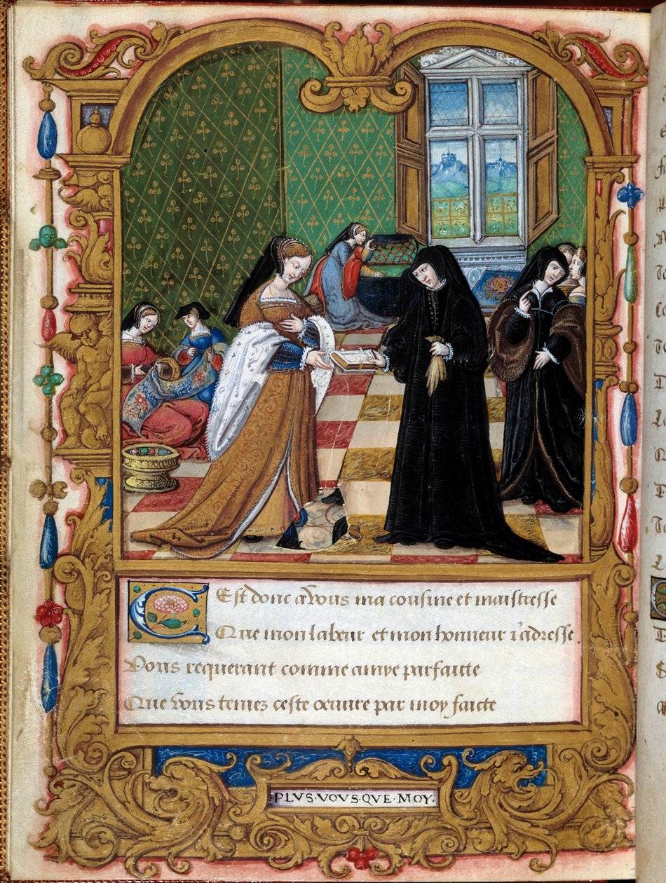 Margarita Angoulema (1492-1549) Navarrská královna představuje svou knihu vévodkyni z Etampes a oblíbenkyni Francoise I. Anne Pisseleu Page převzaté z rukopisu „“ La coche ou Debat d